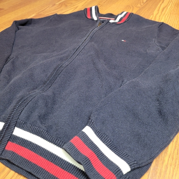 Tommy Hilfiger Blue Full ZIP Knit Sweater Navy With White Red Flag Stripes Sm/P - Picture 2 of 10